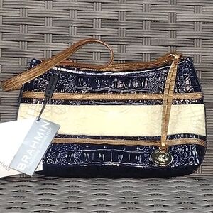 Brahmin Blue and Cream Shoulder Bag with Luxurious Texture